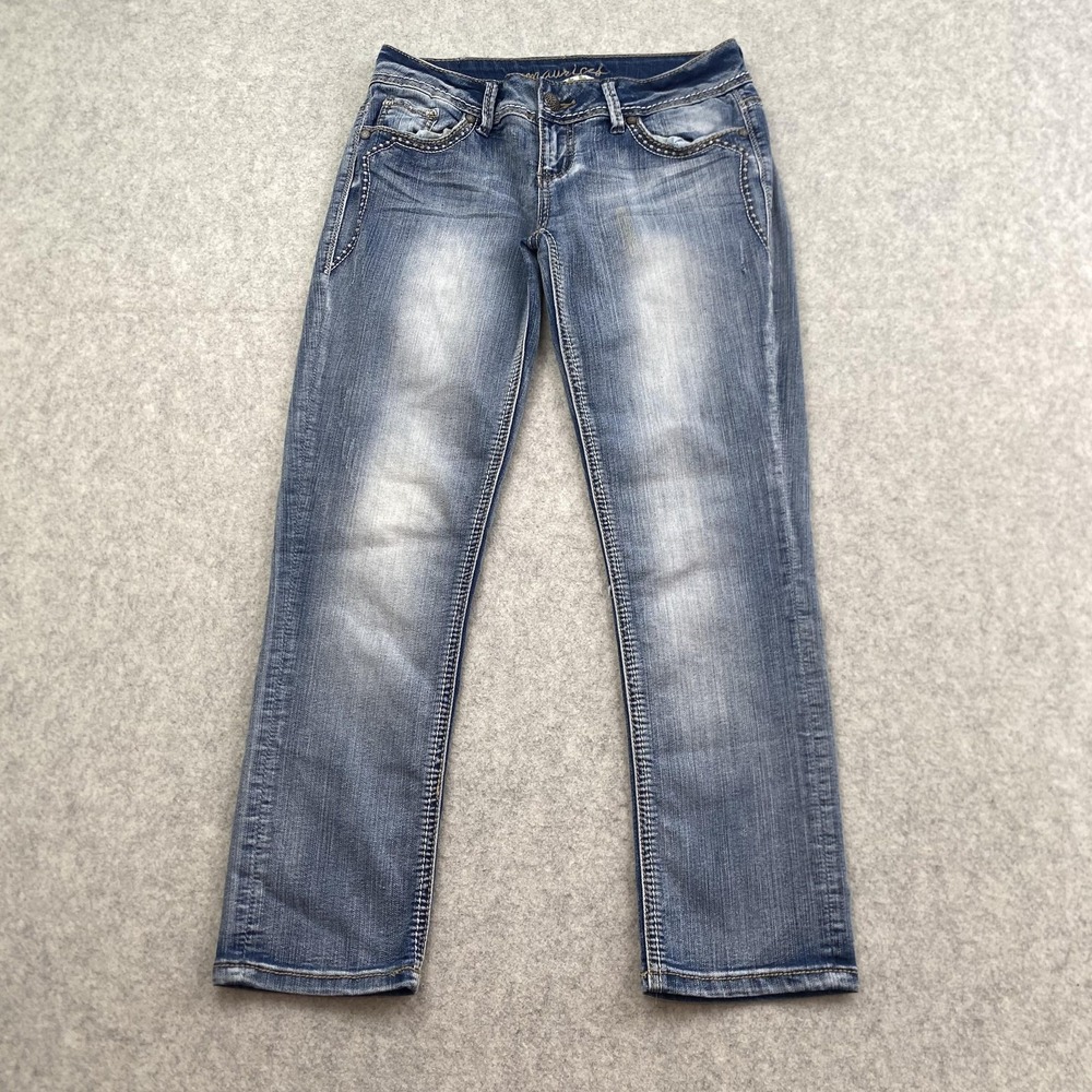 Maurices Straight Jeans Juniors 1/2 (27x25) Blue Med Wash Sequin Embroidered